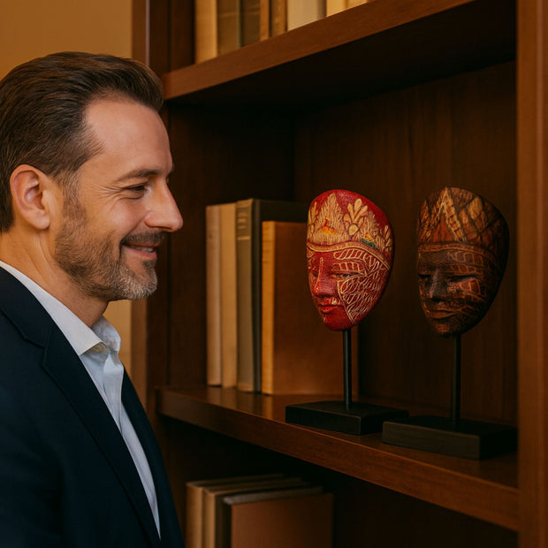 Panji mask on stand displayed as home decor on a shelf