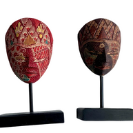 Hand-carved Panji topeng mask on a wooden stand, hand-painted in Java, Indonesia