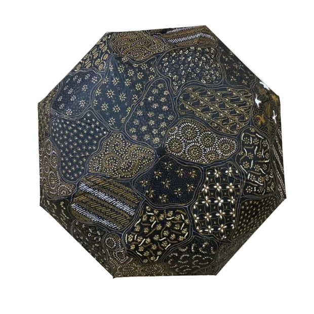 Payung Lukis hand-painted batik umbrella – Sekar Jagad patchwork motif in classic sogan brown and gold