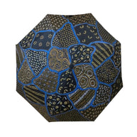 Payung Lukis hand-painted batik umbrella – Sekar Jagad patchwork motif with royal-blue contours