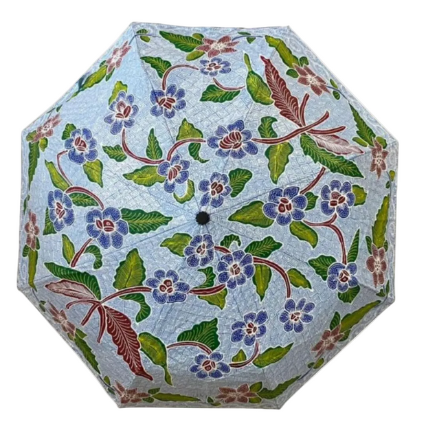 Payung Lukis hand-painted batik umbrella – Buketan floral motif with violet blossoms on sky-blue canopy