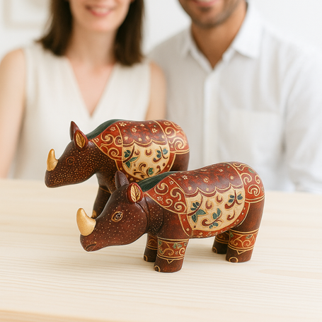 Detail of hand-painted batik motifs and natural wood grain on the Rhino Wood sculpture