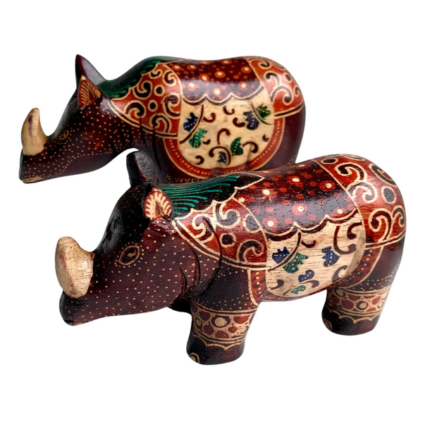 Rhino Wood – hand-carved wooden rhino sculpture with hand-painted batik motifs from Yogyakarta, Indonesia