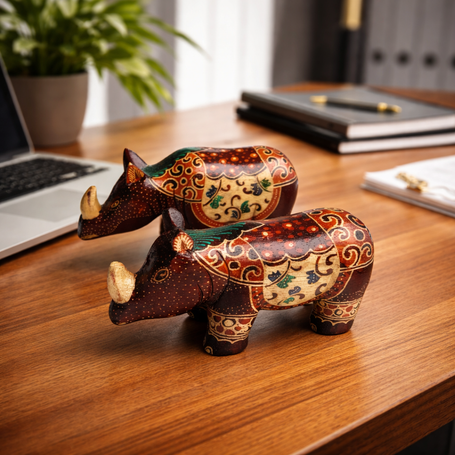 Rhino Wood batik sculpture styled in a modern living room interior