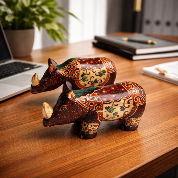 Rhino Wood batik sculpture styled in a modern living room interior