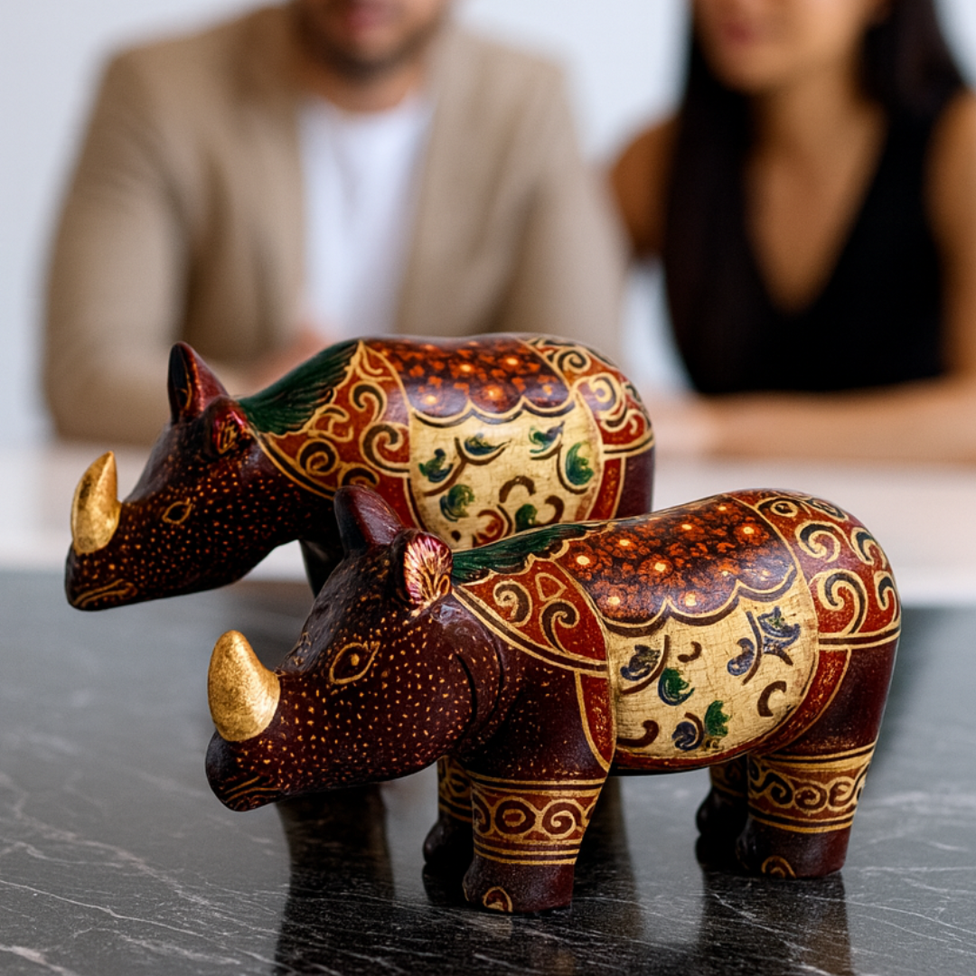 Side view of the handcrafted Indonesian batik rhino wood sculpture