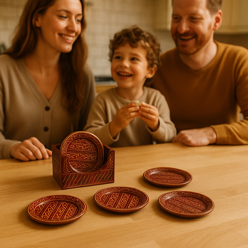 Round coaster styled with a cup in a calm table setting