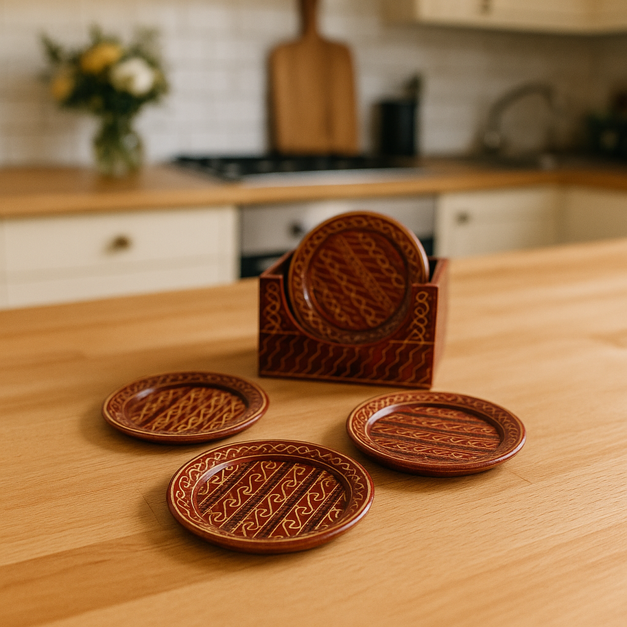 Round handcrafted coaster showing natural surface texture and hand finishing
