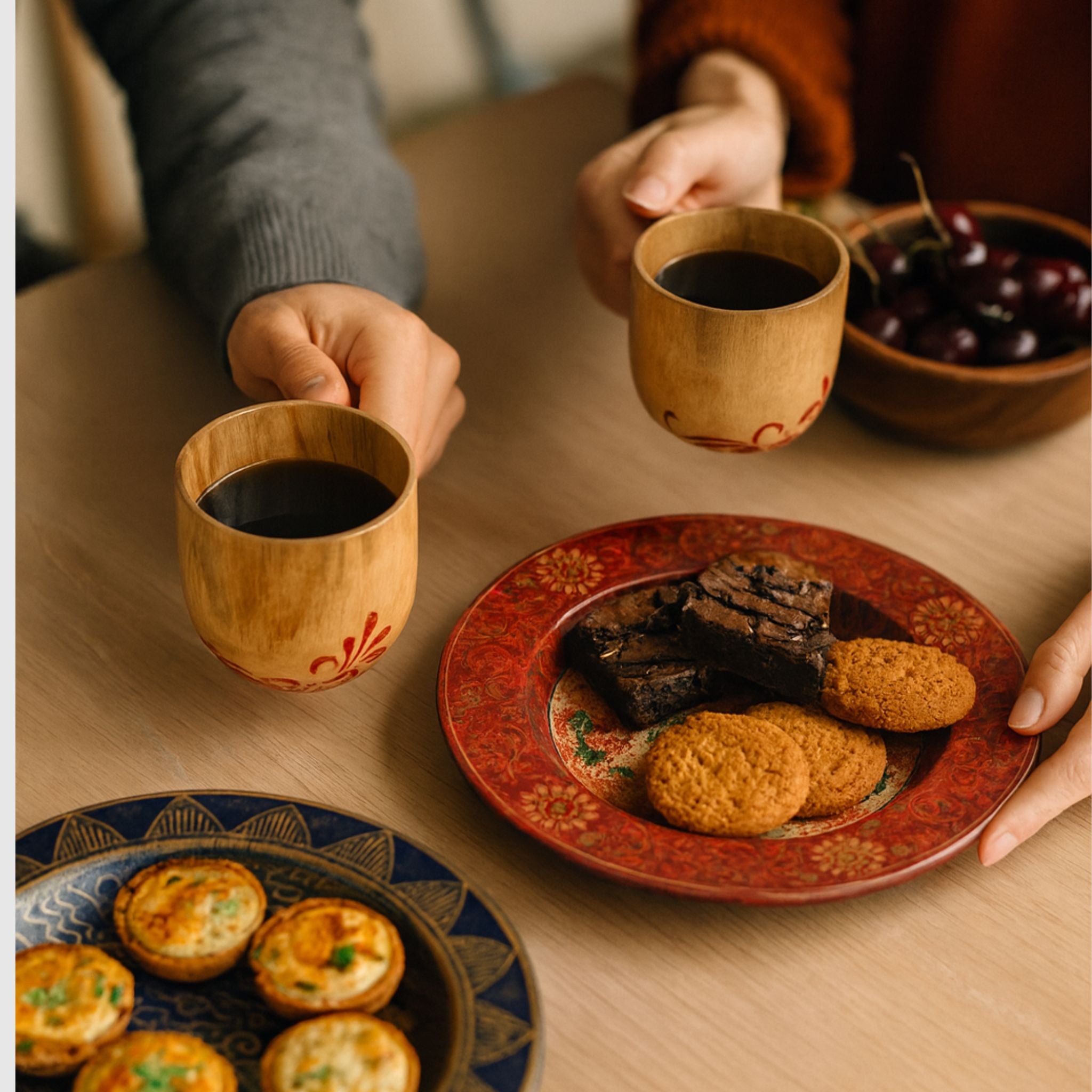 Hand-painted round plate styled on a table, crafted by Indonesian artisans