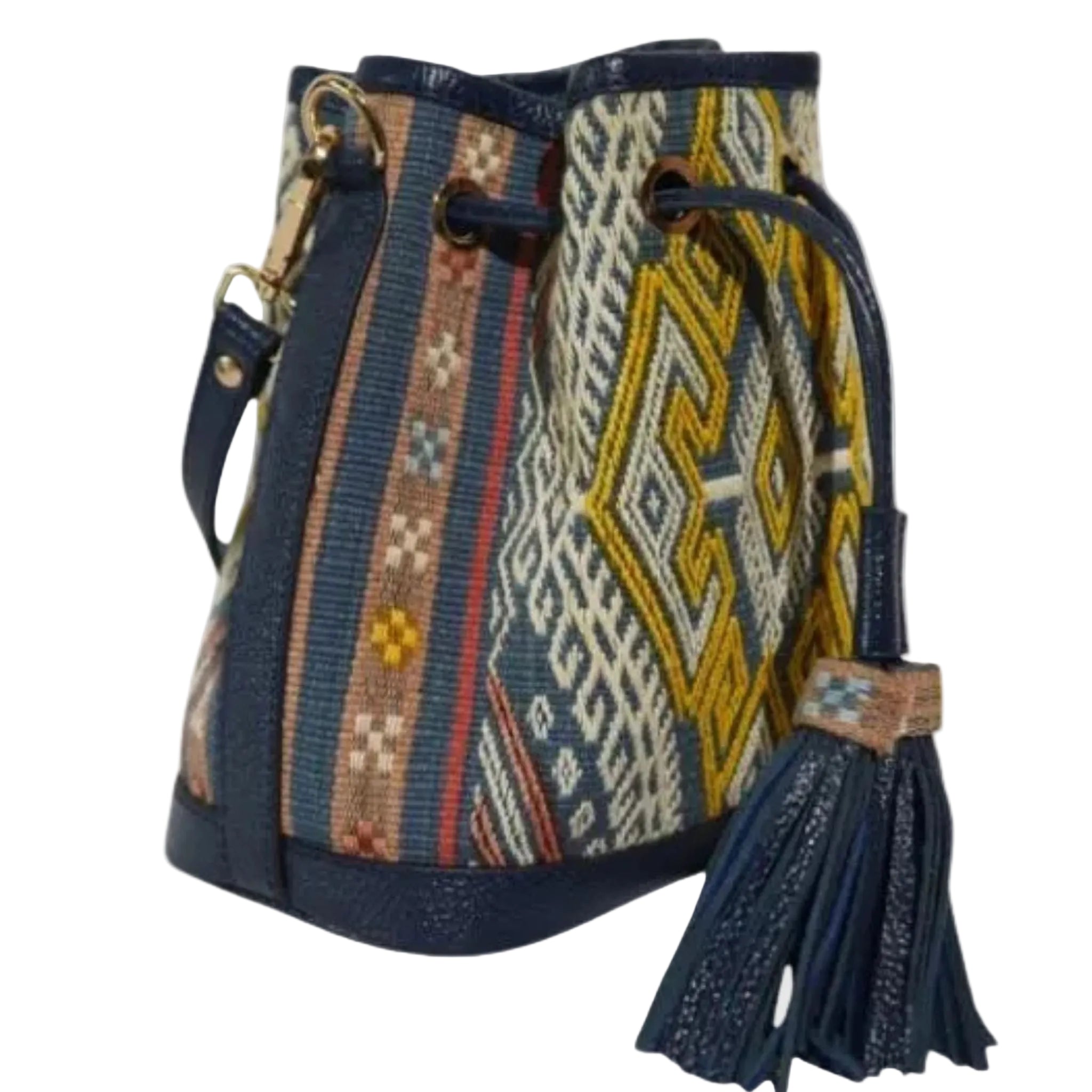 Side view of the songket mini bucket bag showing the handwoven fabric panel