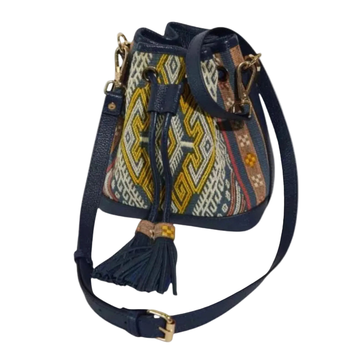 Songket mini bucket bag with drawstring opened, showing the suede lining