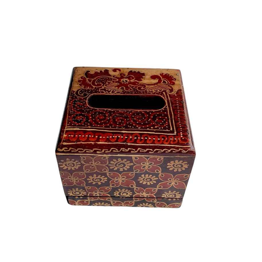 Hand-painted batik square tissue box handcrafted in Indonesia, front view