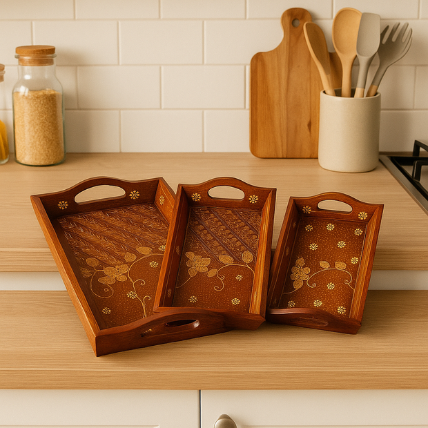 Teak serving tray with handles styled in a modern home setting