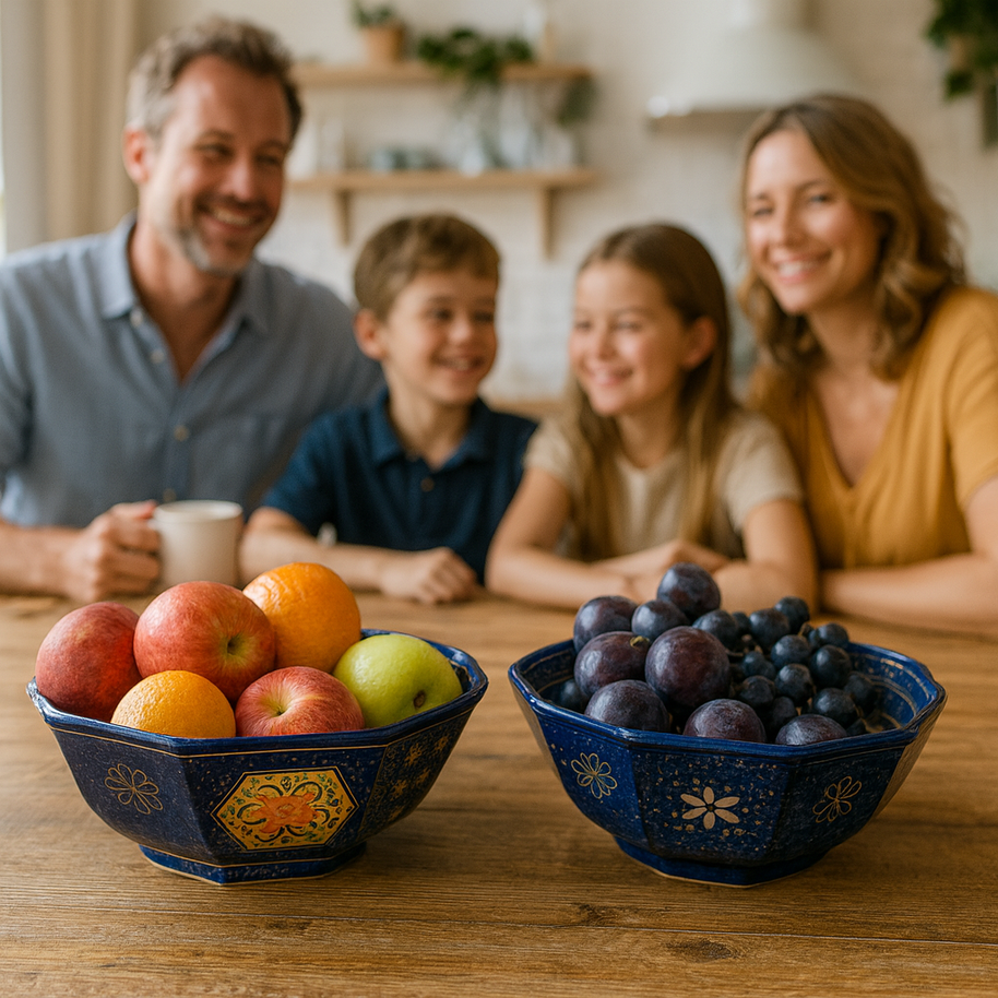 Hexagon wood fruit bowl with fruit on a wooden table