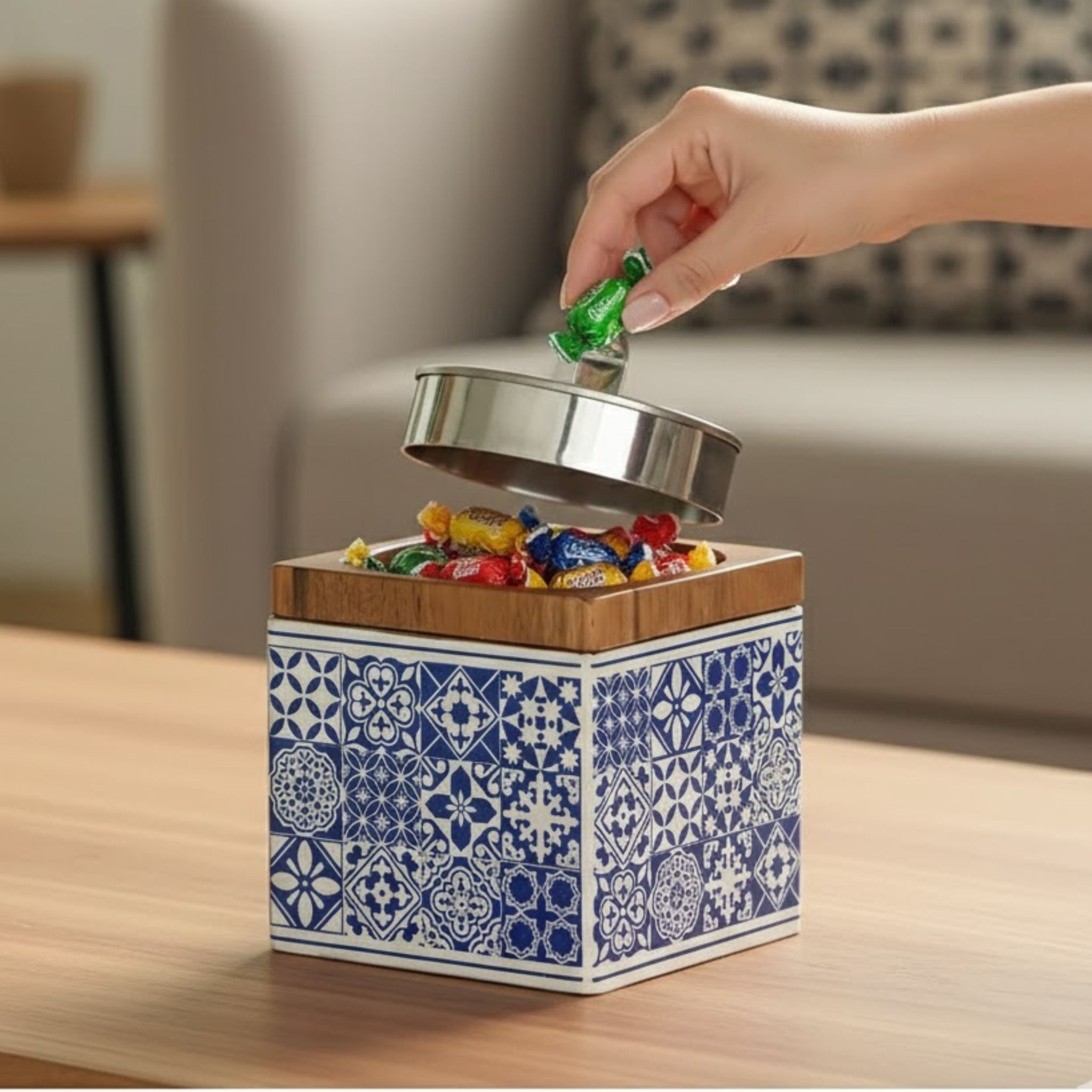 Handcrafted batik wooden box with hinged lid, front view