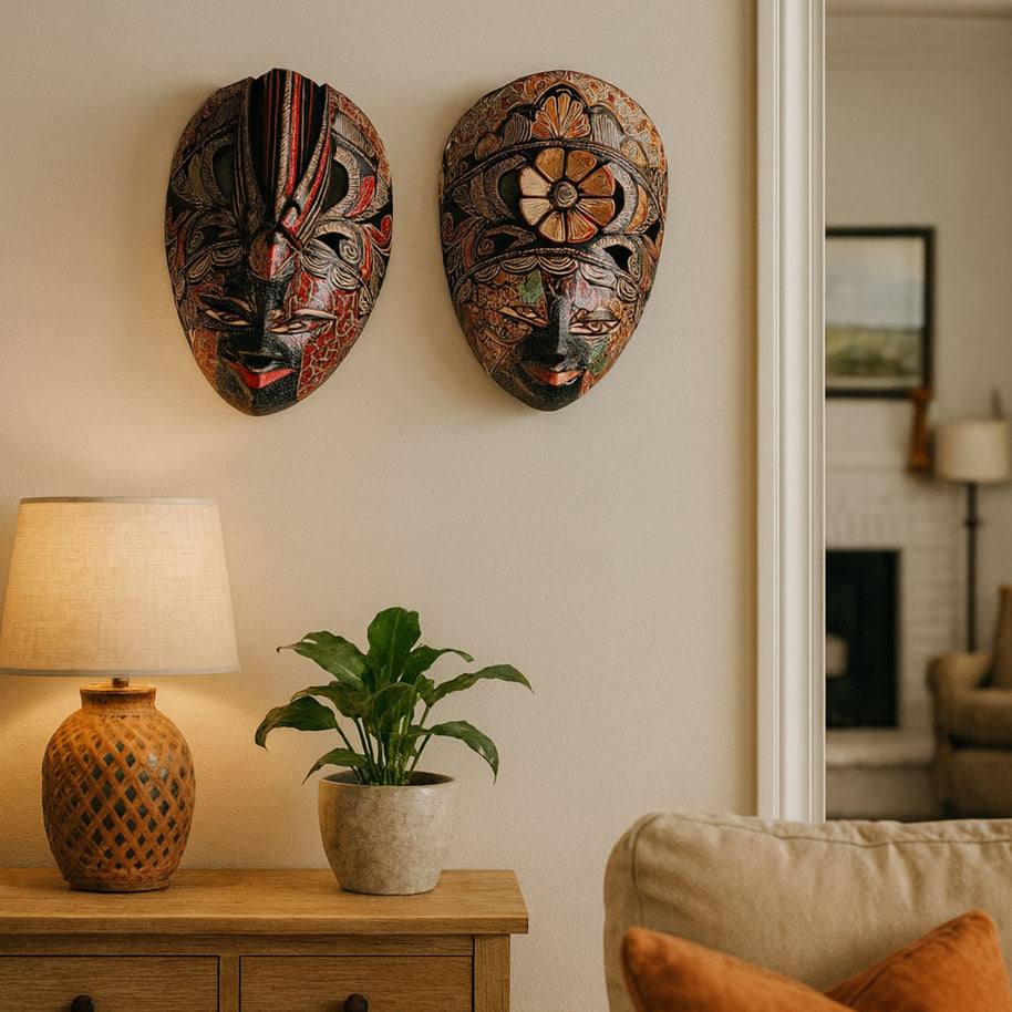 Close-up of hand-painted floral details on the carved wooden surface of the Merak – The Peacock's Bloom wall mask
