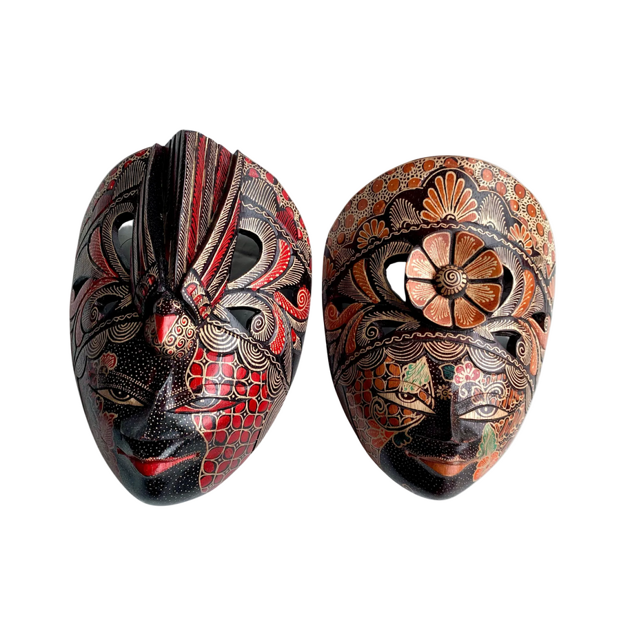 Merak – The Peacock's Bloom: hand-carved wooden wall mask with hand-painted floral motifs, handcrafted in Central Java, Indonesia