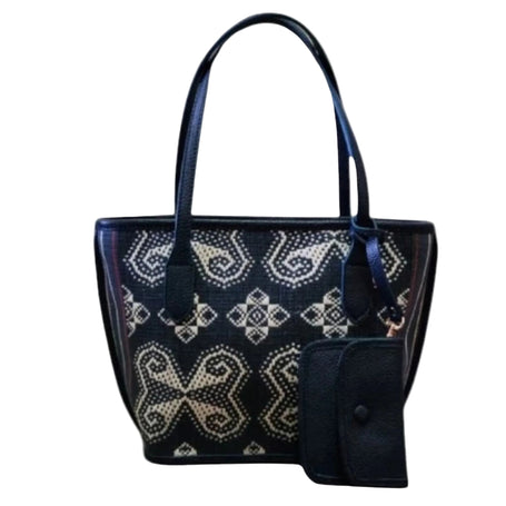 Nusa Handwoven Ikat Mini Tote with NTT ikat textile panel and premium leather trim, front view