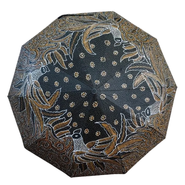 Jumbo batik patterned umbrella with open canopy showing a traditional Yogyakarta motif