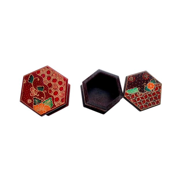Hand-painted batik jewelry box with traditional Indonesian motifs, handcrafted in Java