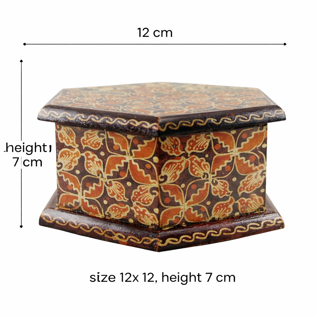 Hand-painted wooden jewelry box with lid open, showing interior compartment for rings and jewelry