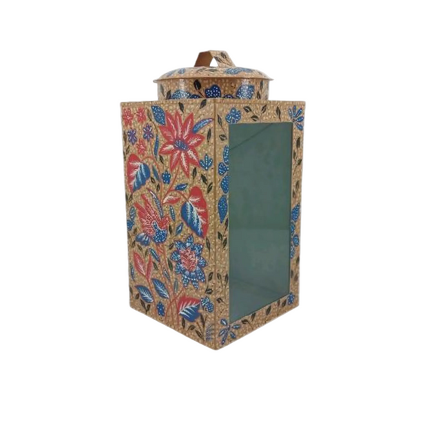 Hand-painted batik cookie tin from Yogyakarta, Indonesia – medium metal storage tin with traditional batik motif in brown