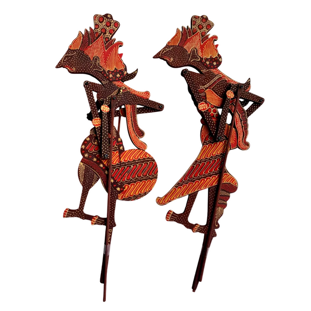 Hand-carved Rama and Shinta wayang figures with painted detailing, Jajoo heritage set