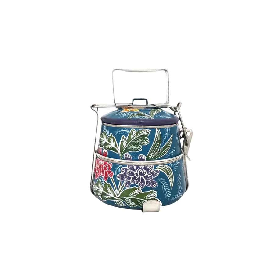 Rantang hand-painted 2-tier tiffin from Central Java – Antique Ivory with batik-style motif
