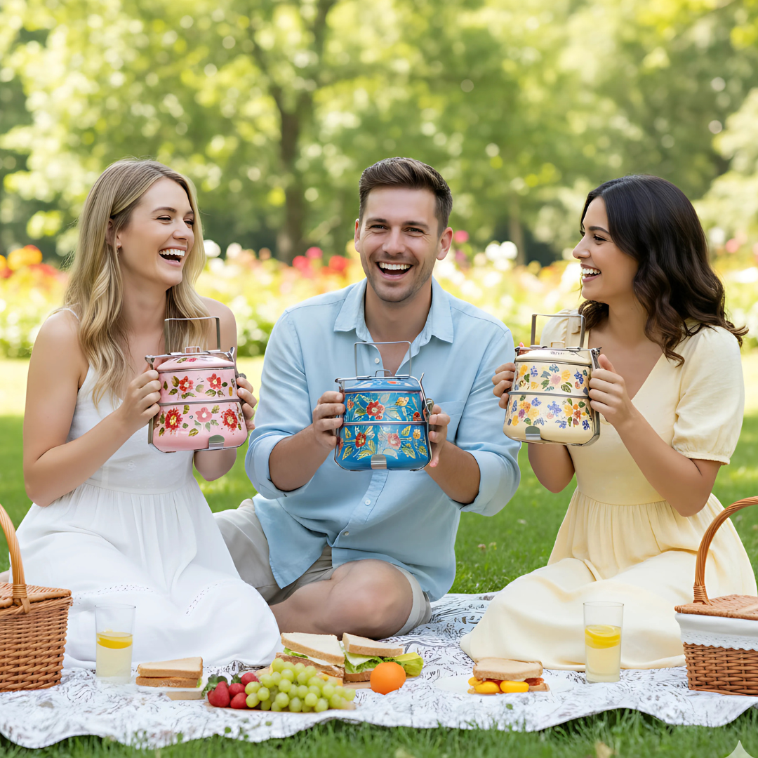 Rantang hand-painted 2-tier tiffin from Central Java – Cobalt Blue with white floral motif