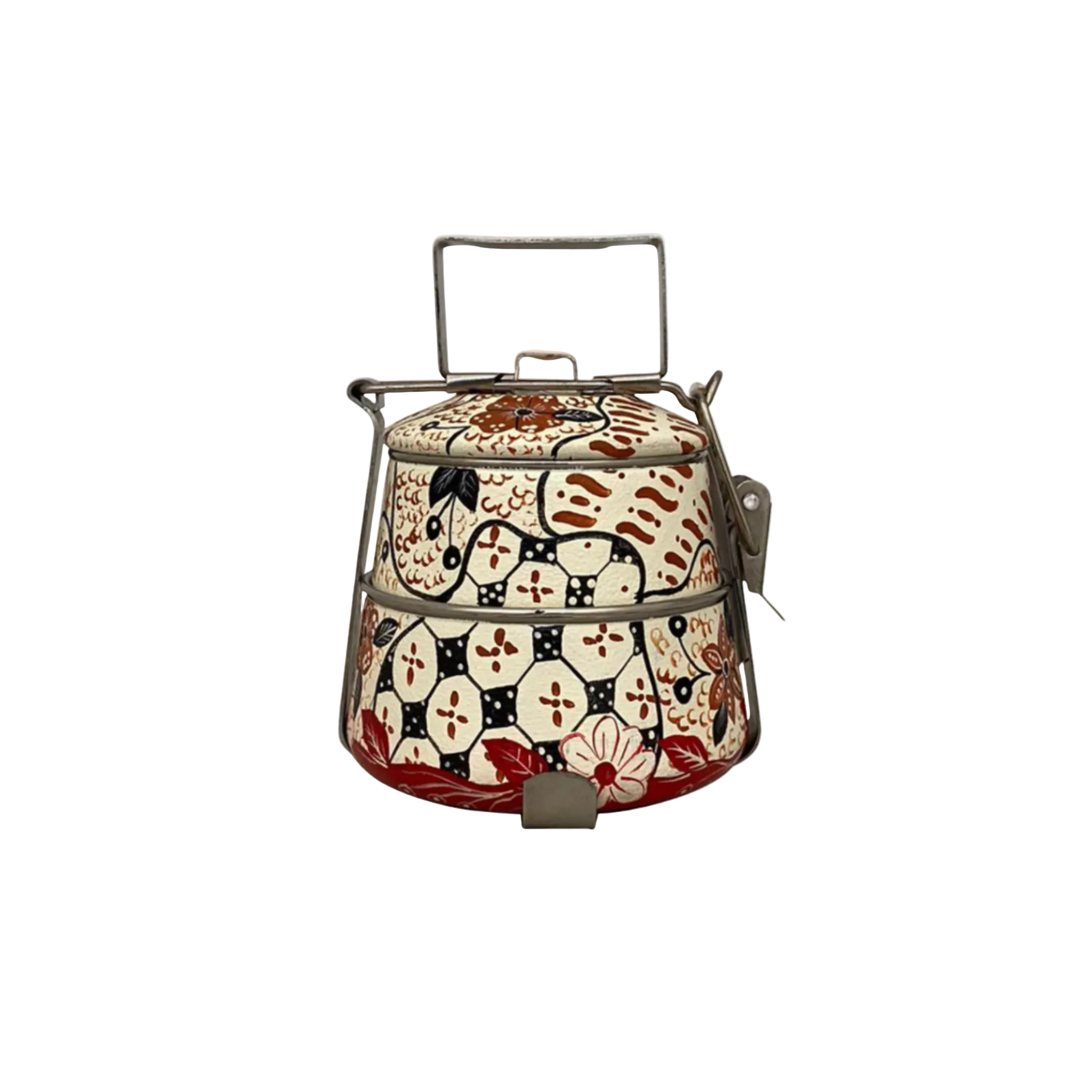 Rantang hand-painted 2-tier tiffin from Central Java – Teal Green with floral motif