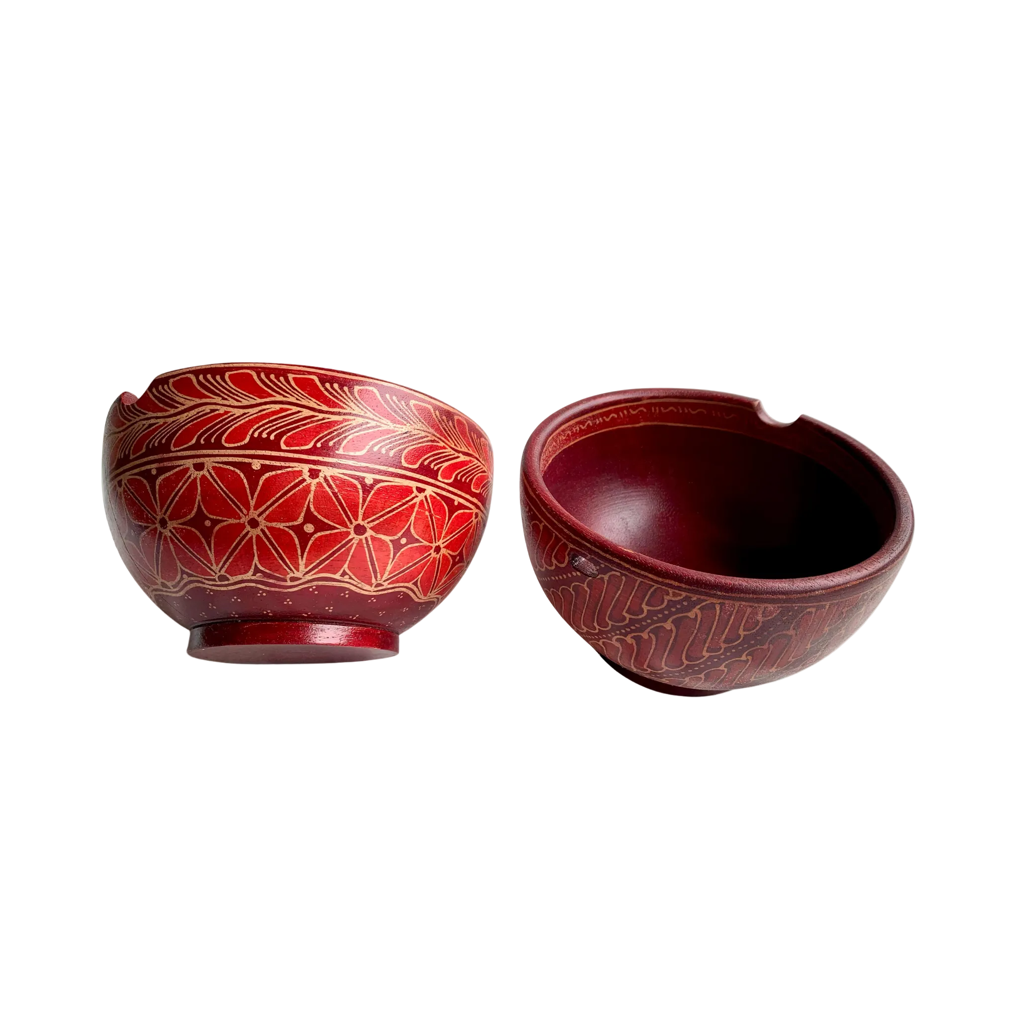 Hand-carved wooden noodle bowls from Central Java, Indonesia, showing natural grain