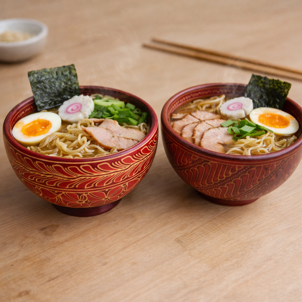 Wooden noodle bowl by Sanggarpeni artisans, styled on a modern dining table