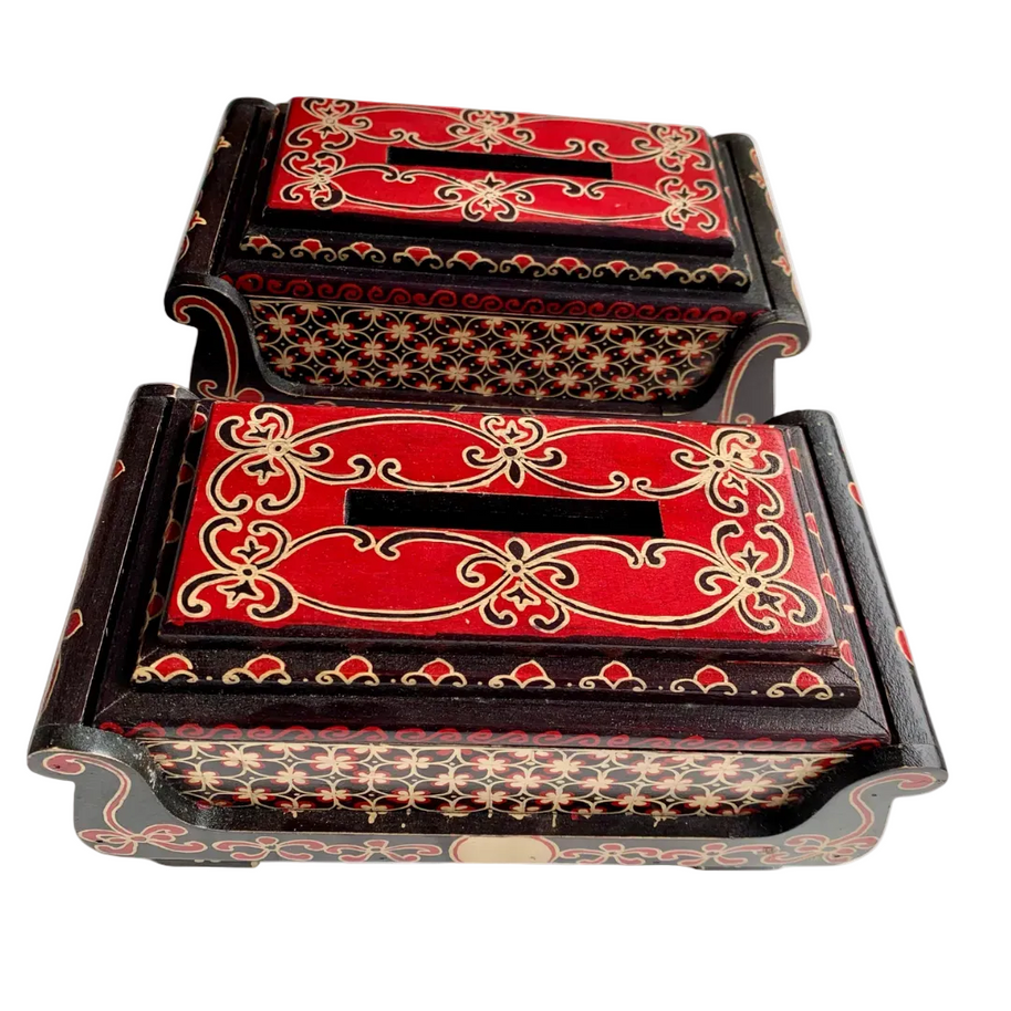 Sekar hand-carved wooden tissue box with painted Javanese motifs, front view