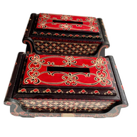 Sekar hand-carved wooden tissue box with painted Javanese motifs, front view