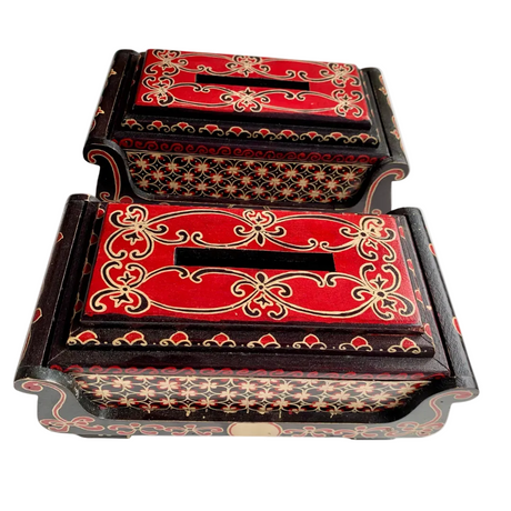 Sekar hand-carved wooden tissue box with painted Javanese motifs, front view