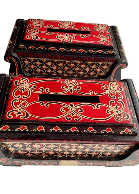 Sekar hand-carved wooden tissue box with painted Javanese motifs, front view