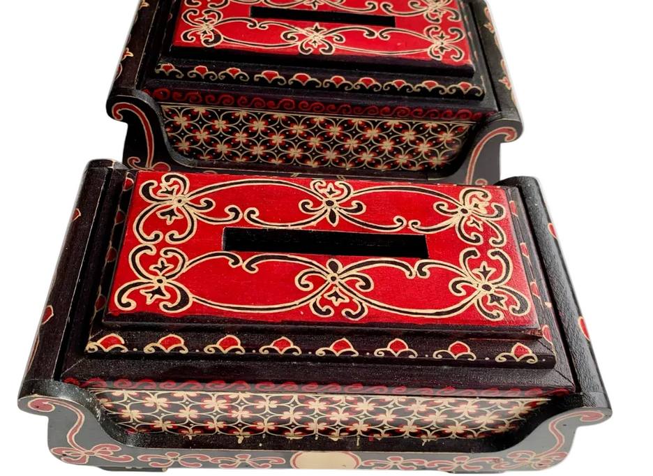 Sekar hand-carved wooden tissue box with painted Javanese motifs, front view