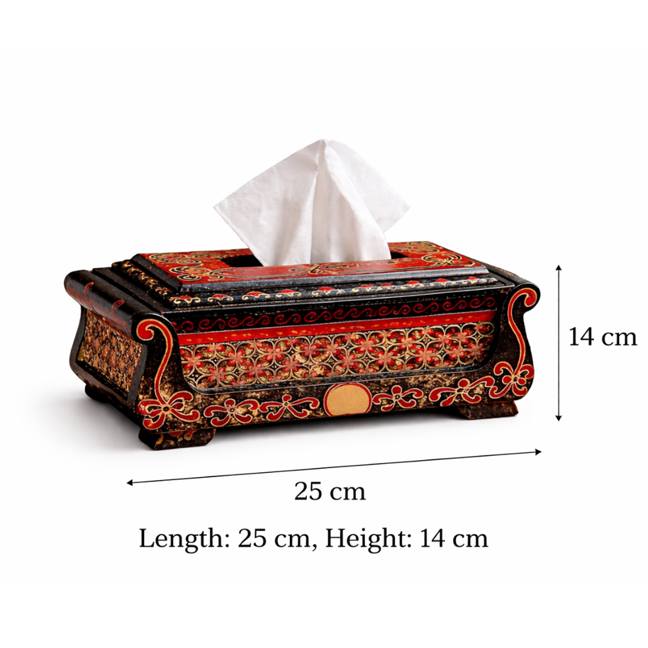 Hand-carved wooden tissue box styled on a light wood table in a modern home