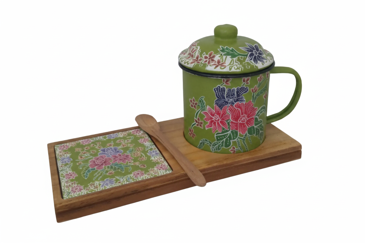 Senja Garden — hand-painted batik mug and coaster set with pink and violet florals on green enamel, on a wooden tray