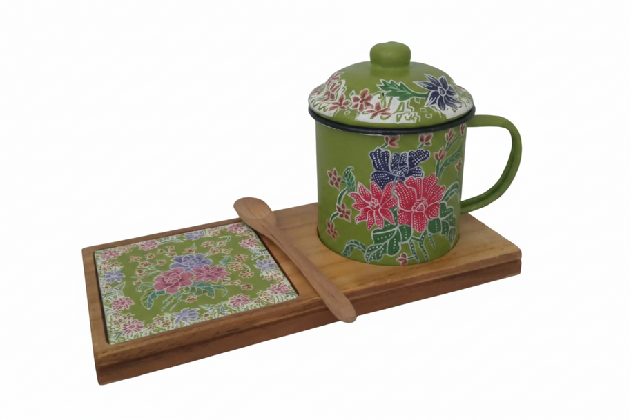 Senja Garden — hand-painted batik mug and coaster set with pink and violet florals on green enamel, on a wooden tray