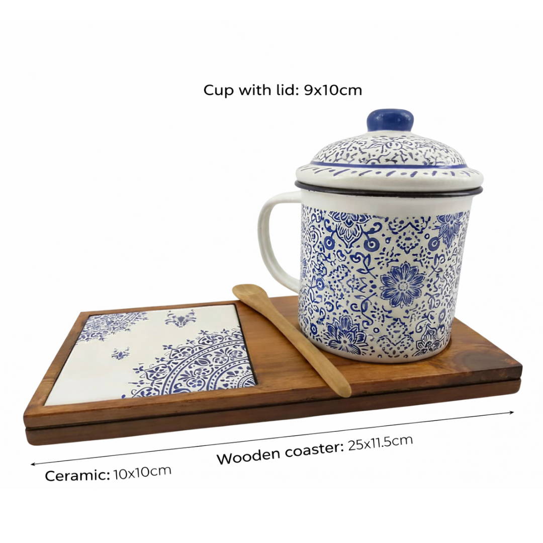 Senja batik coffee set — hand-painted lidded mug, coaster, wooden tray, and spoon, styled view