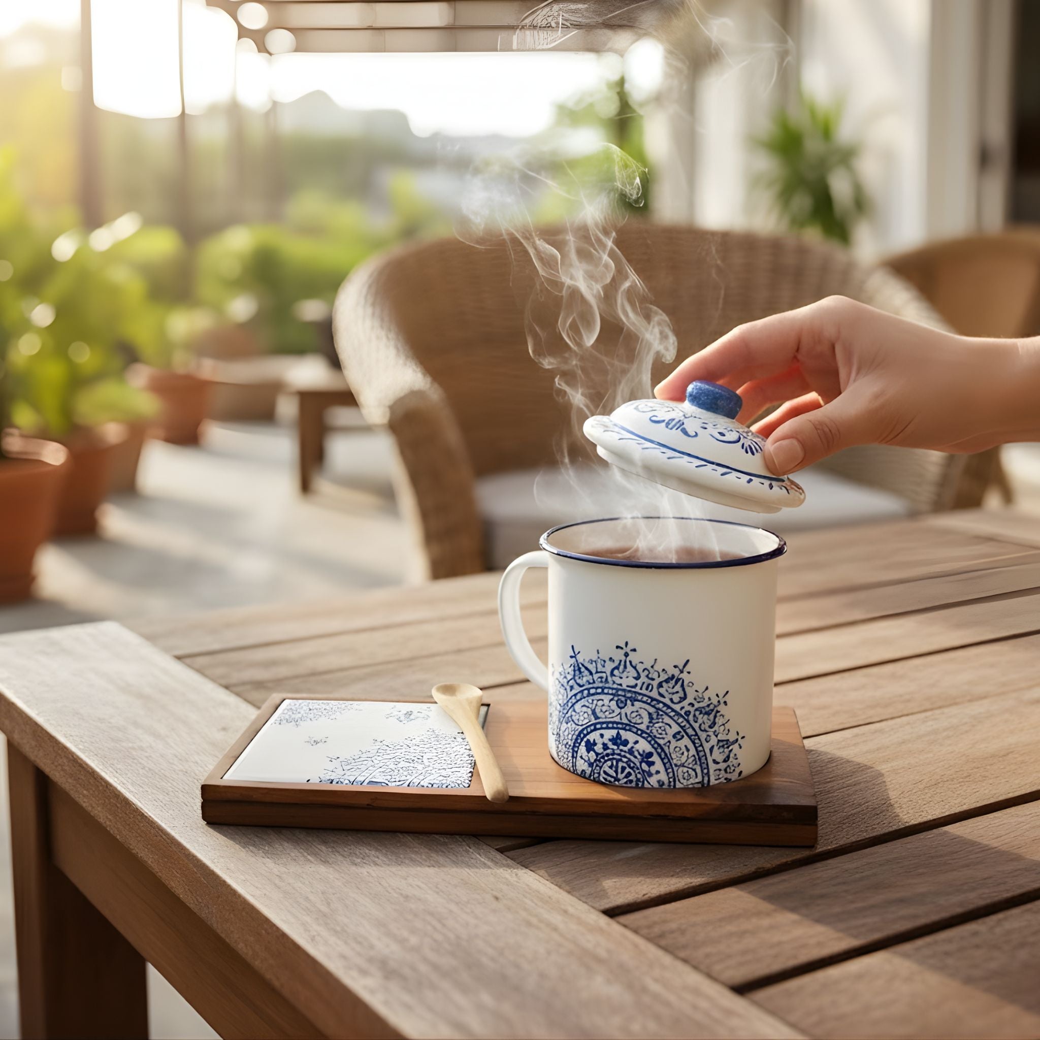Senja Indigo batik coffee set with steaming lidded mug, coaster and wooden tray on a sunlit outdoor terrace table