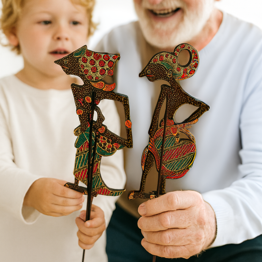 Srikandi and Arjuna wayang figures displayed together as home décor