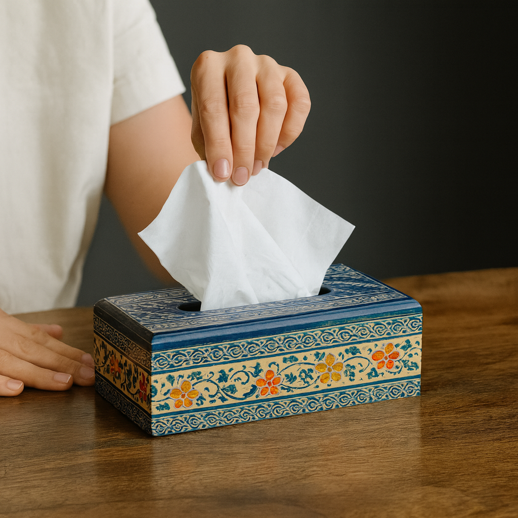 Interior view of the Teduh wooden tissue box showing the refillable compartment